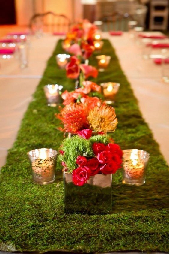 Chemin de table en mousse mariage champetre, nature